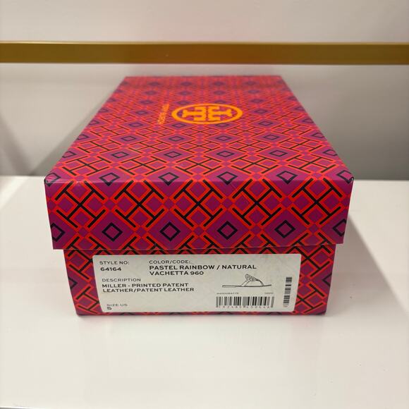 Tory Burch Sandals Pastel Rainbow Printed Patented Leather Miller Sandals Size 5 - Picture 6 of 6
